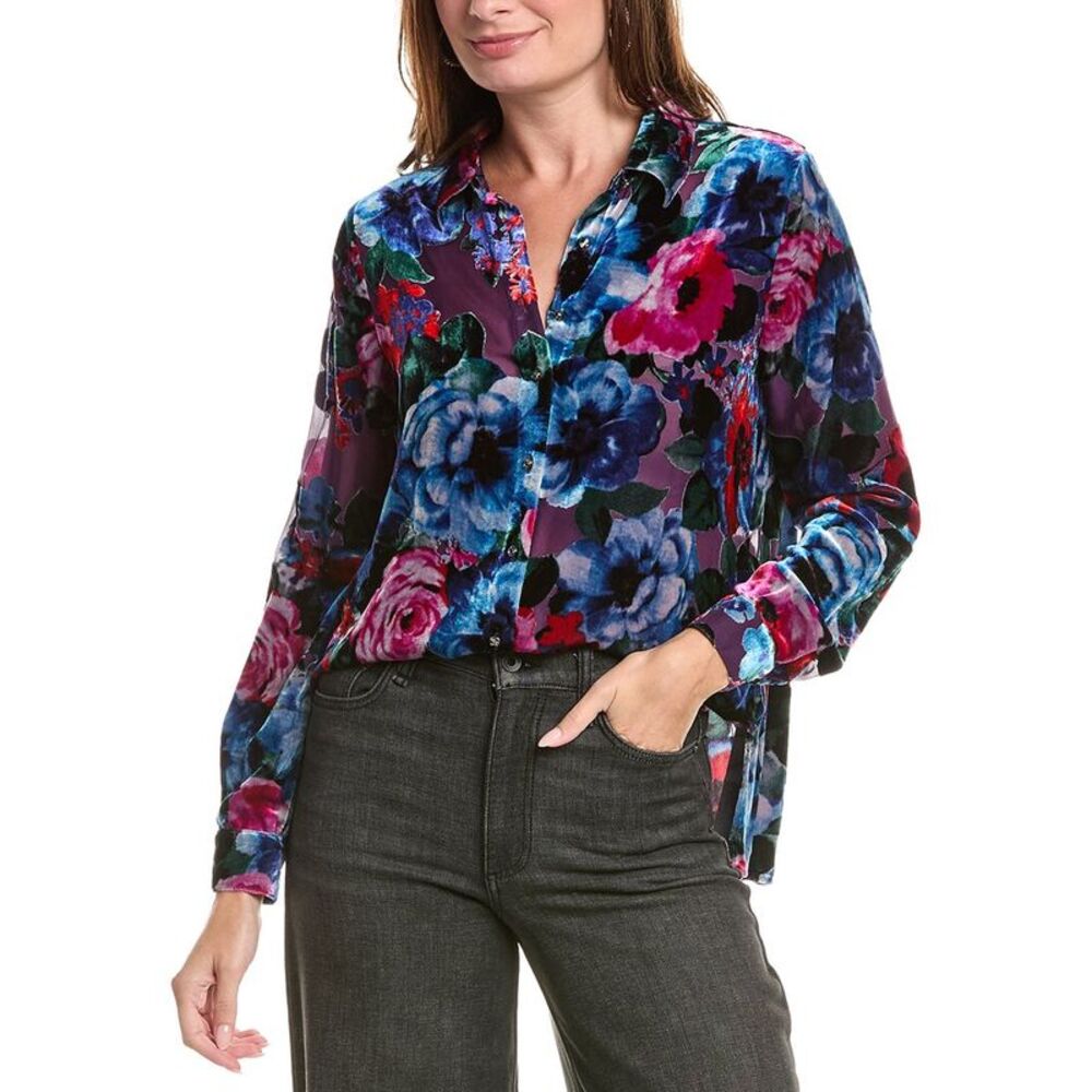Johnny Was Womens Velma Button-Down Silk-Blend Shirt, Blue